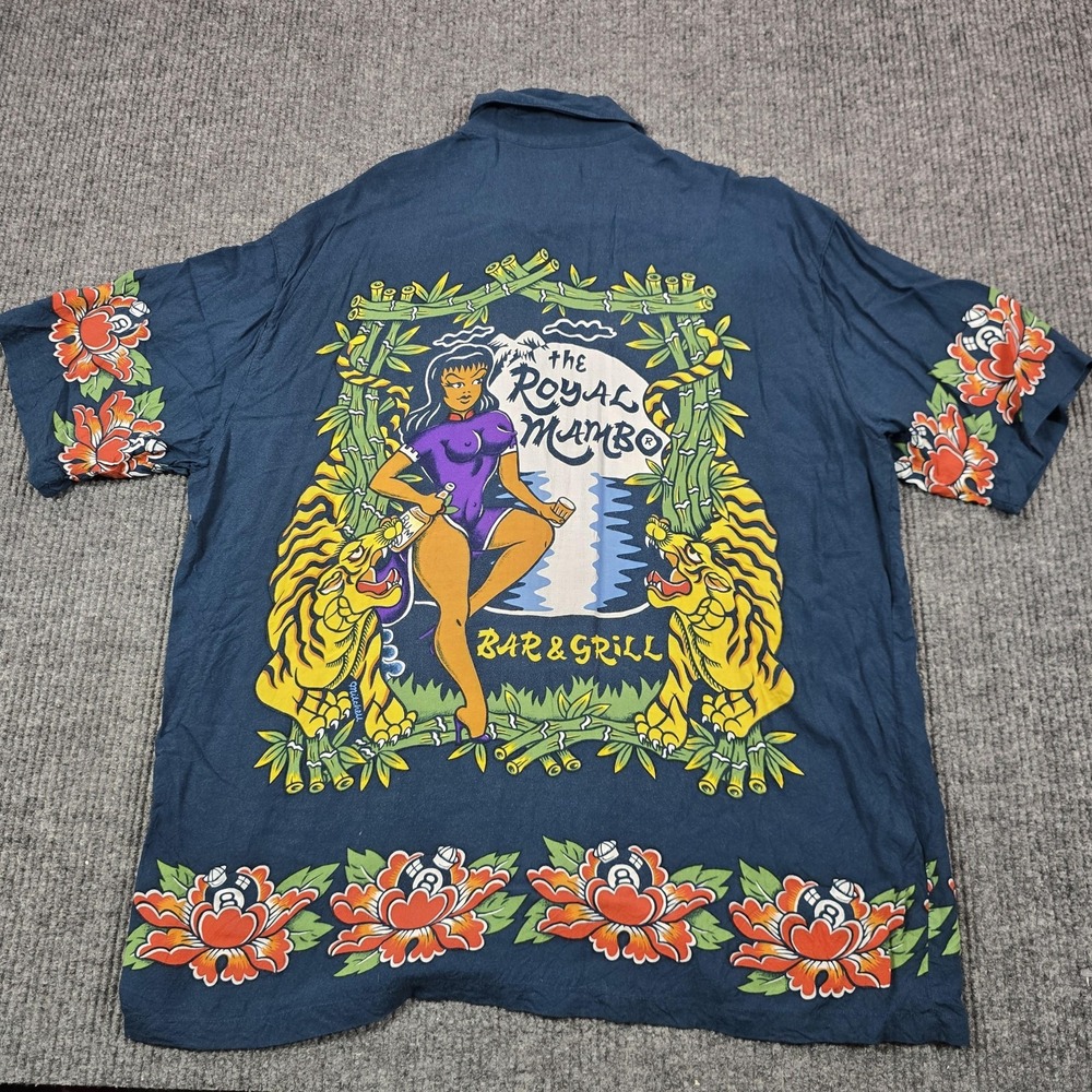 Vintage Mambo Loud Shirt Mens Large Blue Royal Mambo Bar Grill Hawaiian Tiki 90s